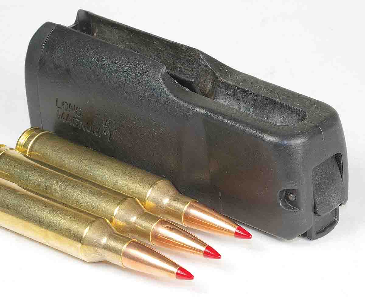 The Speed X-Bolt’s magazine holds three 7mm Remington Magnum cartridges.